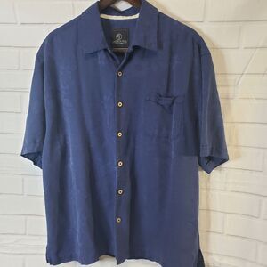 Mens XL Blue Silk Hawaiian Button Front Shirt Short Sleeve